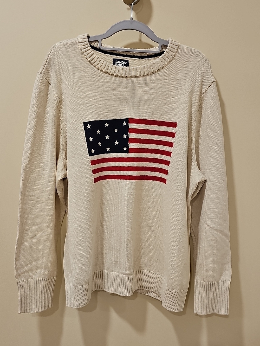 Lands' End Cream Crewneck Sweater with Flag Motif; NWOT; Size XL Or 18